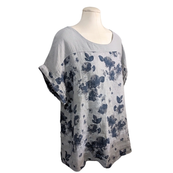 LUNGO L’ARNO Made In Italy Womens Plus 1X 100% Linen Top Gray Floral High Low - Picture 2 of 4